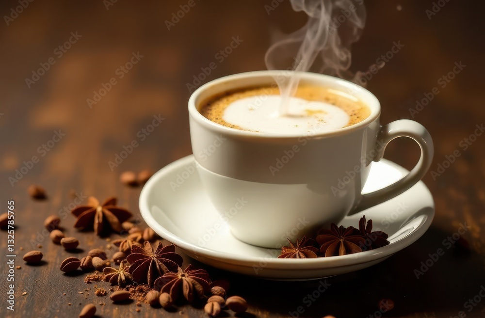 Fototapeta premium Freshly brewed tea with steam rising in a cozy setup with spices