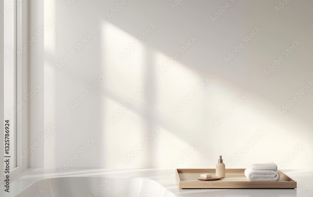 Clean and bright bathroom design, featuring a wooden bath tray with natural beauty tools, promoting a minimalist and eco-friendly lifestyle Clean and bright bathroom design, featuring a wooden bath tray with natural beauty tools, promoting a minimalist and eco-friendly lifestyle