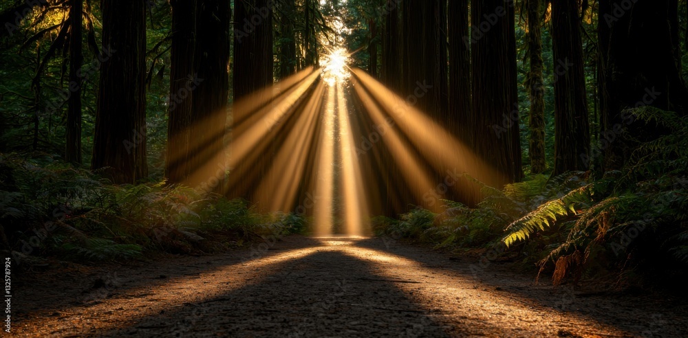 Obraz premium Sunlight filters through dense trees, illuminating a forest path with warm, golden rays, creating a serene and enchanting atmosphere.