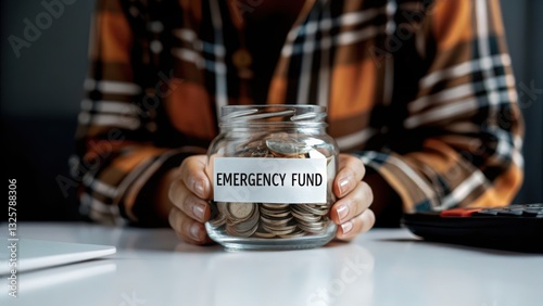 Saving money in a jar labeled emergency fund.