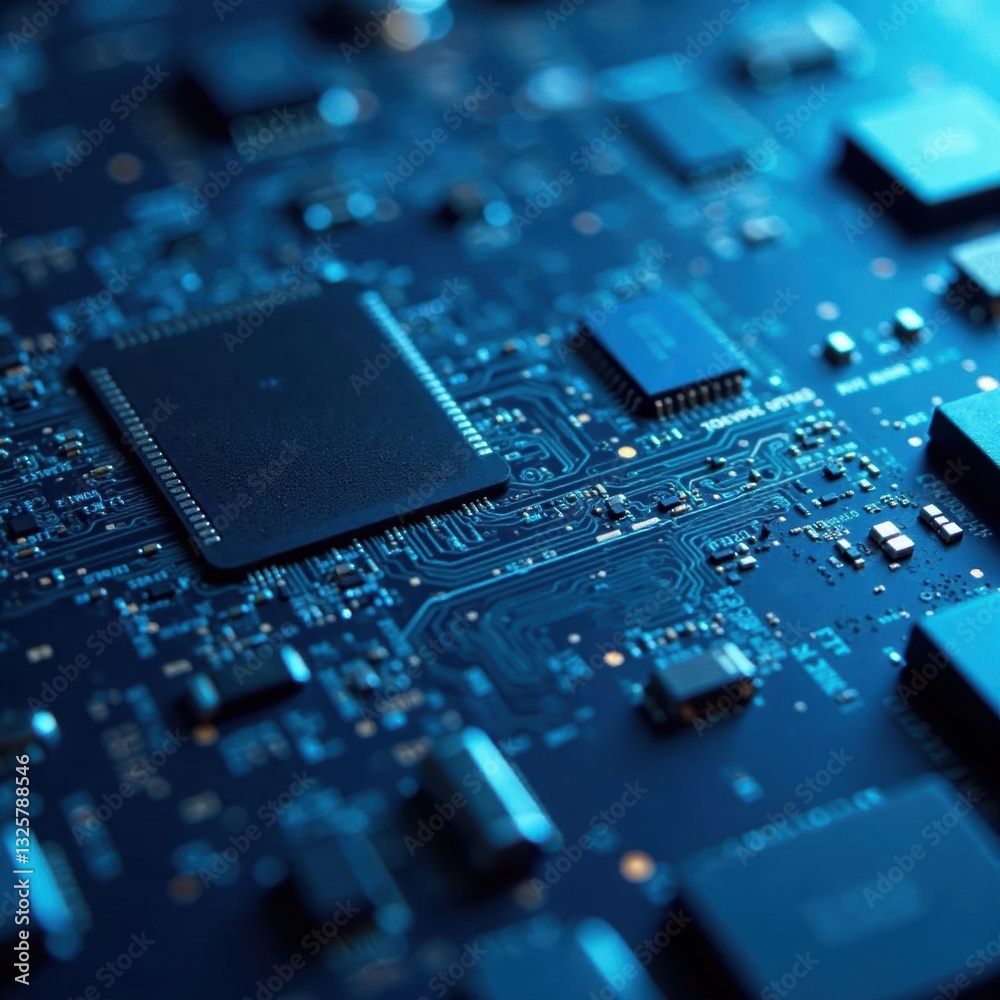 Close-up of blue circuit board, intricate design , integrated circuit, network