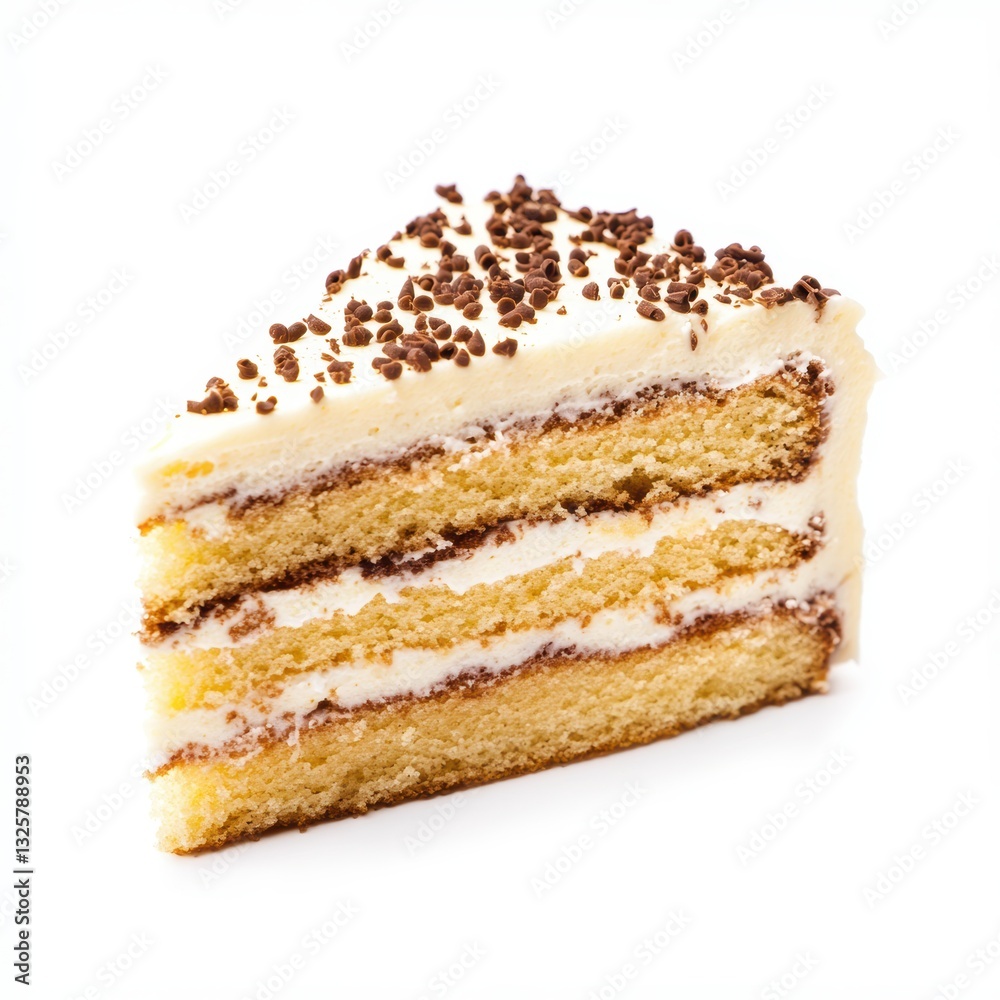 Slice of vanilla cake with cream frosting and chocolate sprinkles on white background dessert sweet treat bakery indulgence gourmet food plate. Slice of vanilla cake with cream frosting and chocolate sprinkles on white background dessert sweet treat bakery indulgence gourmet food plate.