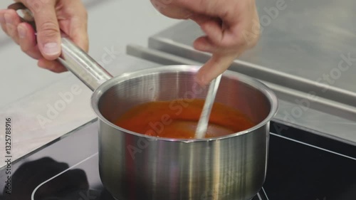 Chef stiring fruit mash with a spoon in stainless steel pot on electric stove panel