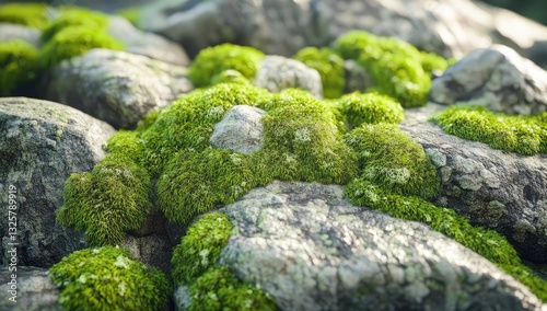 Moss-covered rocks in sunlit natural stone wall photo