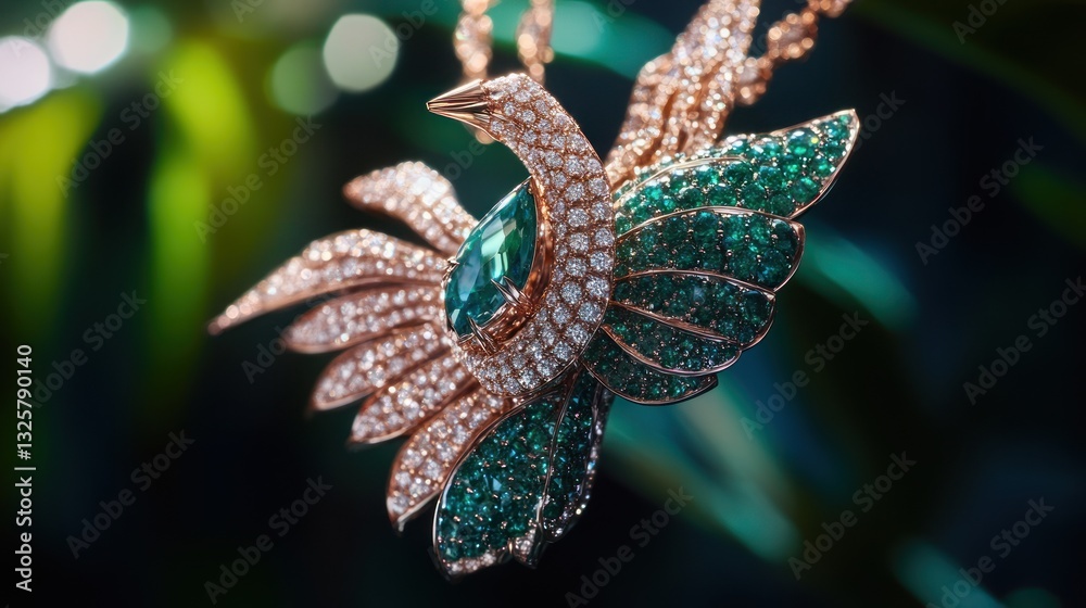 Naklejka premium Luxury bird pendant, emerald & diamond, nature background
