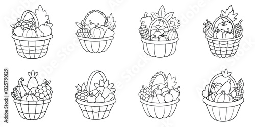 Harvest Baskets: An array of intricately illustrated harvest baskets overflowing with a cornucopia of seasonal produce and foliage, evoking the spirit of abundance and autumnal festivities. 