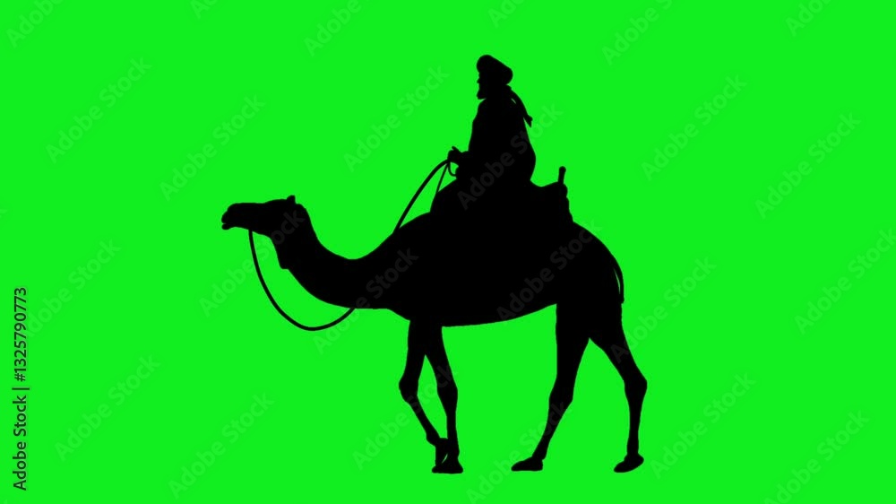 Animated silhouette of a man riding a camel on green screen.  Concept of animal, uae, ramadan, and islamic celebration.	
