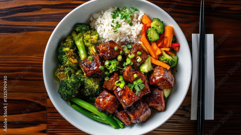 Delicious Asian Chicken Bowl with Rice and Colorful Vegetables Delicious Asian Chicken Bowl with Rice and Colorful Vegetables