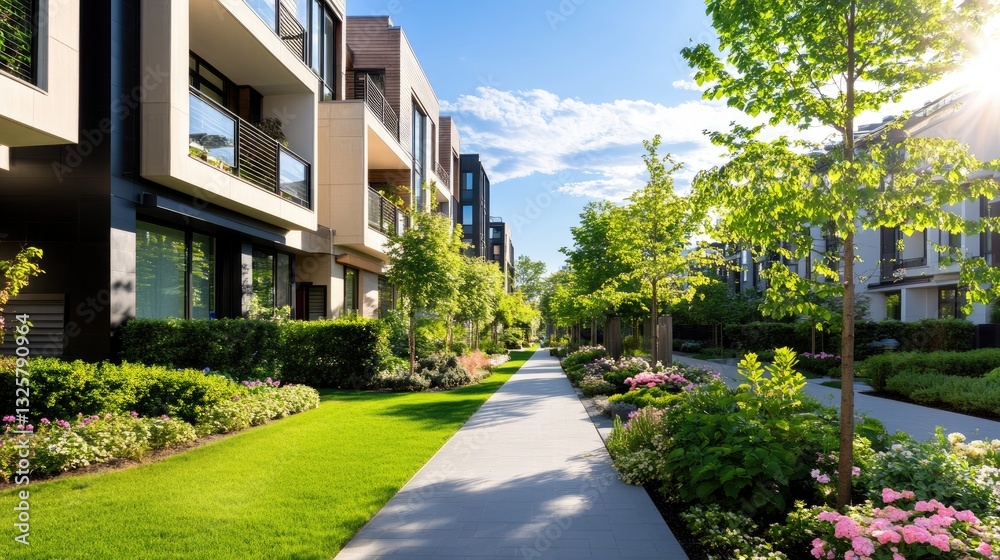 Scenic Urban Pathway Surrounded by Modern Homes and Lush Greenery Scenic Urban Pathway Surrounded by Modern Homes and Lush Greenery