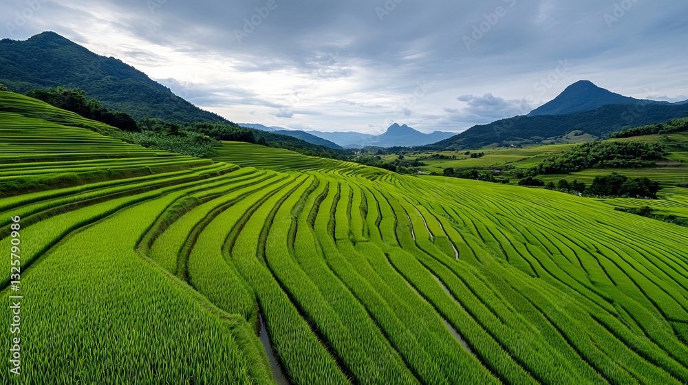 Obraz premium A field of green grass with mountains in the background