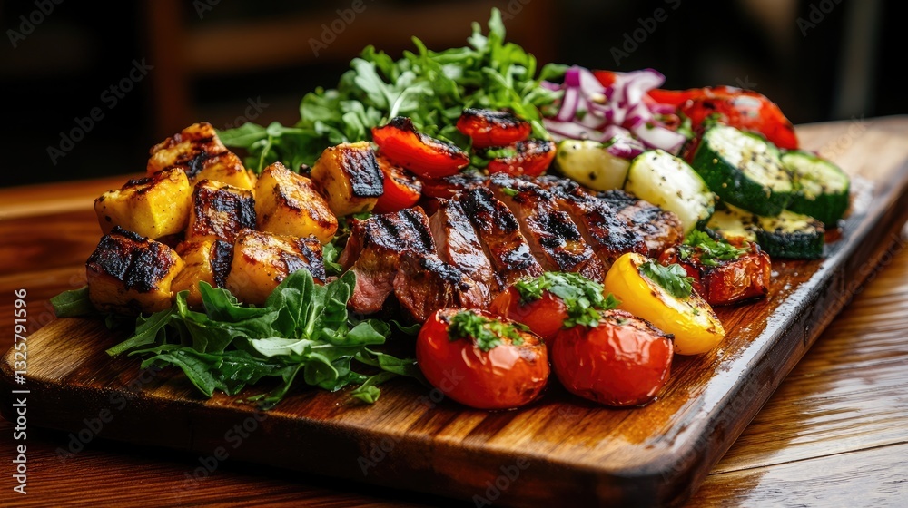 Grilled Meat and Colorful Vegetables on a Wooden Serving Board Grilled Meat and Colorful Vegetables on a Wooden Serving Board