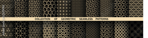 Geometric set of seamless black and golden patterns. Simple vector graphics