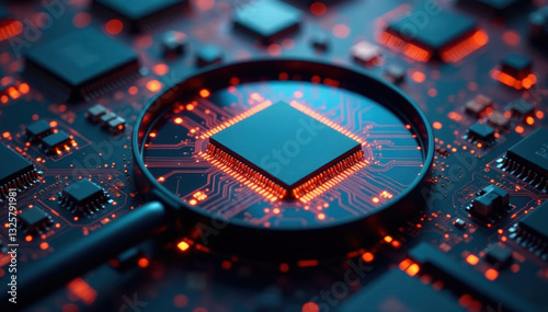 Magnified view of integrated circuits with security markings, processor, secure