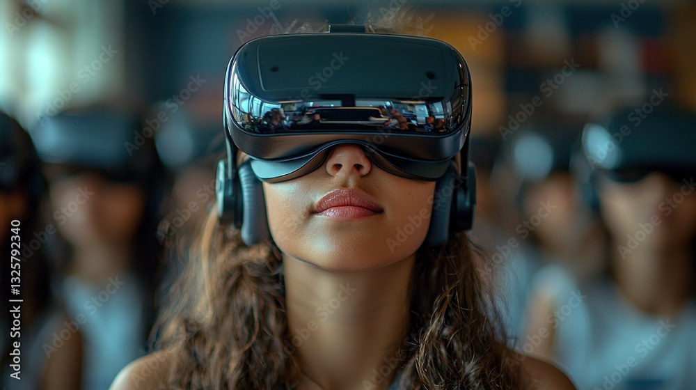 Young woman experiencing virtual reality with others in the background. Young woman experiencing virtual reality with others in the background.