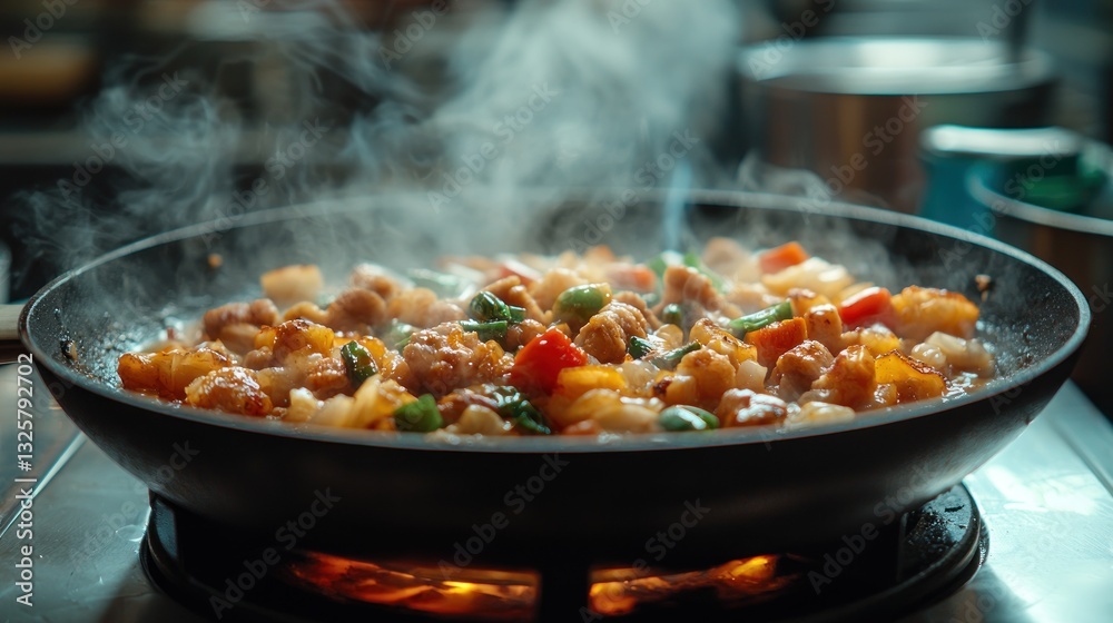 Steaming hot stir-fry cooking in a wok. Steaming hot stir-fry cooking in a wok.