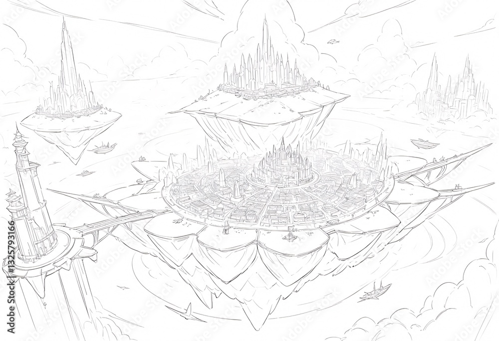 Obraz premium Detailed Line Art of a Floating City Metropolis. A captivating detailed line drawing showcases a sprawling futuristic floating city