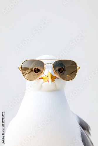 Seagull bird wearing sunglasses posing humorously against a neutral background, showcasing quirky animal photography and fun wildlife moments.