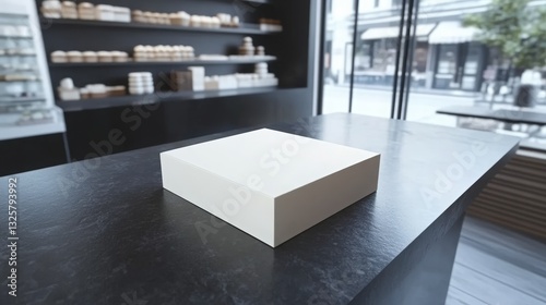 Blank box on a dark counter in a bakery setting.  Perfect for product display or mockup.