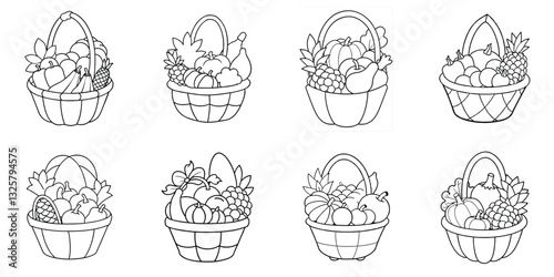 Basket of Abundance: A delightful array of various fruits and vegetables overflowing from a basket, rendered in intricate line art, offering a visual feast for artistic and design projects. 