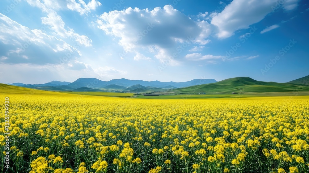 Vibrant Yellow Flower Field Under a Blue Sky and Rolling Hills Vibrant Yellow Flower Field Under a Blue Sky and Rolling Hills