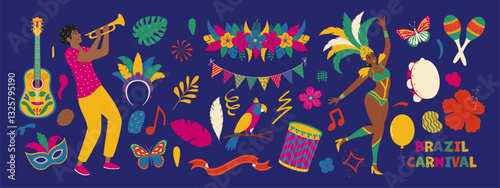 Brazilian carnival set. Masks, exotic bird, dancing people, guitar, flowers. Modern vector illustration