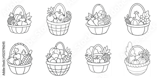 Harvest Bounty: A collection of intricately illustrated baskets overflows with seasonal fruits and vegetables, representing abundance and the beauty of the harvest.