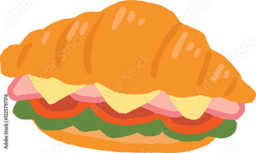 クロワッサンサンドのイラスト（ハム・チーズ・トマト）