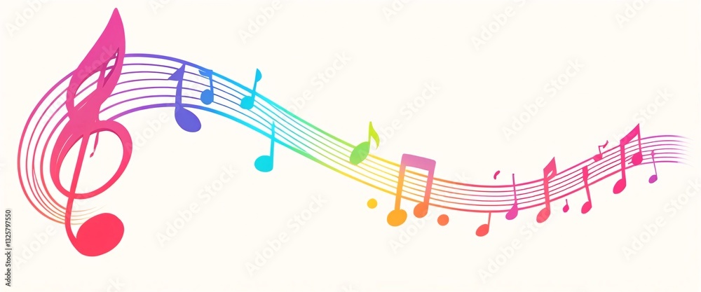 Vibrant Musical Notes Flowing on a White Background. A colorful and dynamic graphic design featuring musical notes and staves