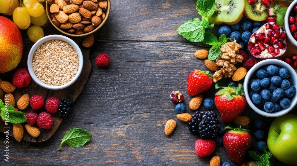 Fresh Fruits and Nuts Arrangement on Wooden Table Surface Fresh Fruits and Nuts Arrangement on Wooden Table Surface
