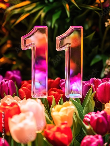 Transparent number eleven stands amidst vibrant tulip flowers in full bloom creating a celebratory and colorful floral display