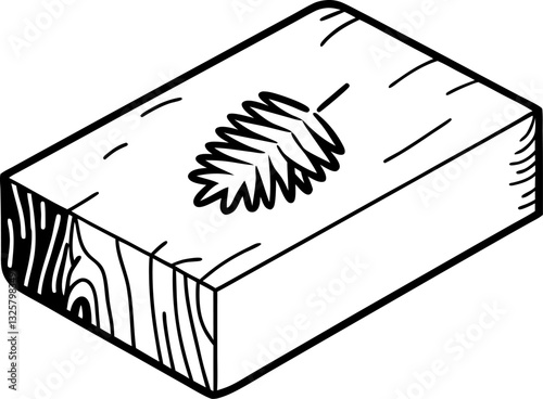 Wooden block with carved leaf design, rectangular timber piece for crafts