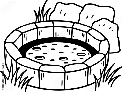 pond with rocks and grass simple line art illustration