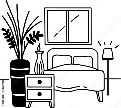 Minimalist bedroom interior sketch with bed, nightstand, lamp, and plant