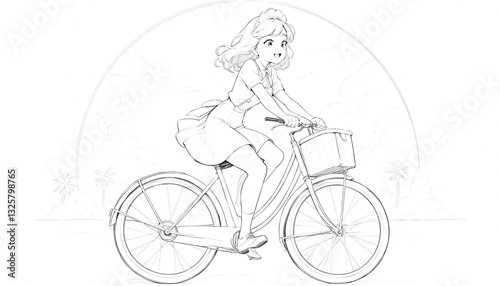 Anime Girl on Bicycle in a Tropical Setting. A black and white sketch of an anime girl riding a bicycle with a basket