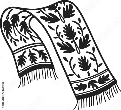 Ornate black and white patterned scarf with leaf motifs and fringed edges, elegant textile design