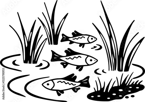 Stylized black and white fish swimming in pond with aquatic plants, natural wildlife scene illustration