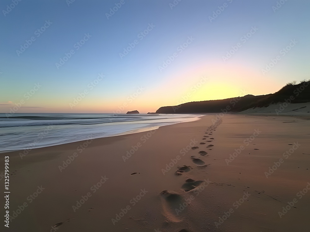 Serene Beach at Sunset Footprints in Sand, Ocean Waves, Calm Coastal Scene, Beautiful Sky, Dusk. Serene Beach at Sunset Footprints in Sand, Ocean Waves, Calm Coastal Scene, Beautiful Sky, Dusk.