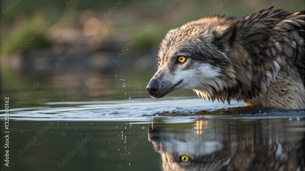 Fototapeta premium Mystic Wolf in Water: A powerful wolf, its piercing gaze and wet fur glistening, wading through the cool, reflective water in a moment of serene isolation.