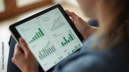 Business Analyst Reviewing Financial Data on Tablet, Investment and Market Growth Analysis photo