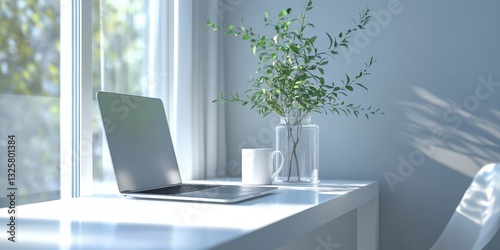 A pristine white desk holds a sleek silver laptop  angled invitingly leftward  its screen glows softly to the right  hinting at hidden digital worlds yet to be explored