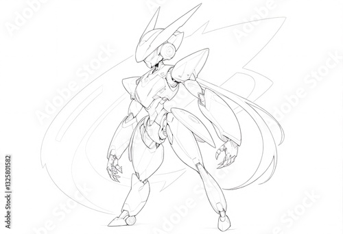 Wallpaper Mural Detailed Line Art of a Futuristic Female Robot Design. A dynamic detailed line art drawing of a female robot character likely from an anime or game Torontodigital.ca