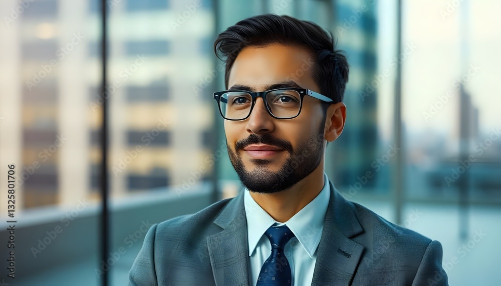 Confident Professional: A sharply dressed businessman, wearing glasses and a stylish suit, exudes confidence as he looks out a large window. Confident Professional: A sharply dressed businessman, wearing glasses and a stylish suit, exudes confidence as he looks out a large window.