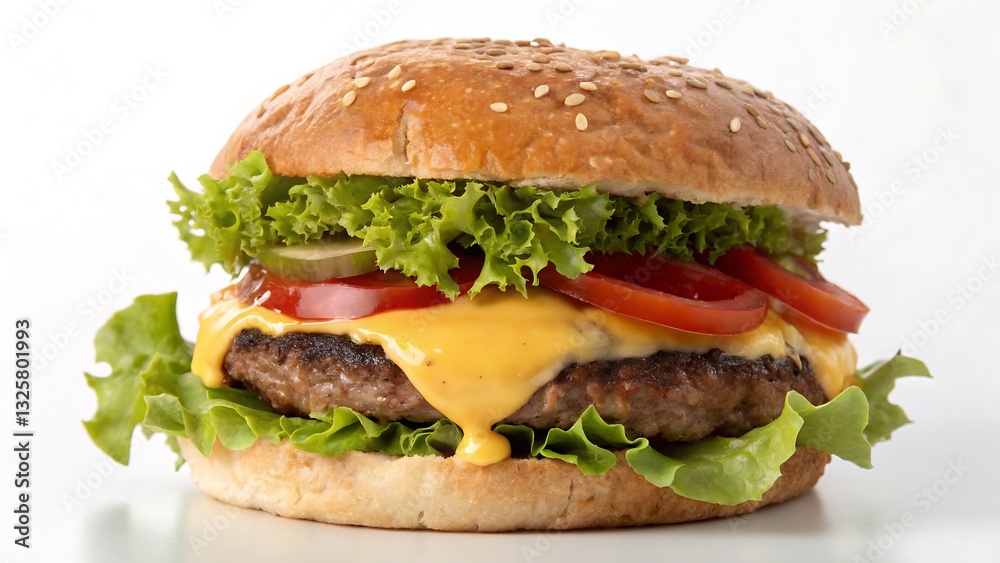 Delicious Cheeseburger with Fresh Lettuce, Tomato, and Melted Cheese, Isolated on a White Background Ideal for fast food branding and menu design. Delicious Cheeseburger with Fresh Lettuce, Tomato, and Melted Cheese, Isolated on a White Background Ideal for fast food branding and menu design.