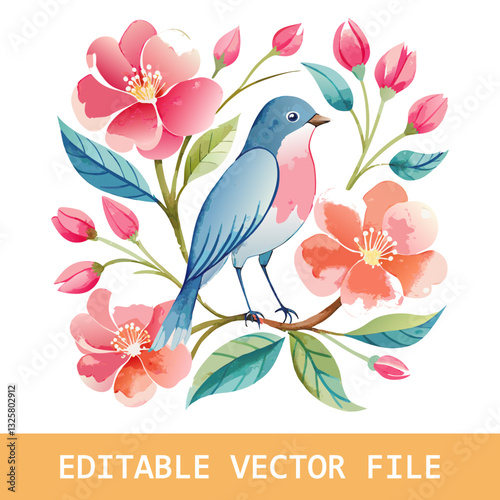 Bluebird on blooming hellebore pink flower watercolor illustration. Eastern sialia bird with tender spring flowers and green leaves. Realistic floral spring