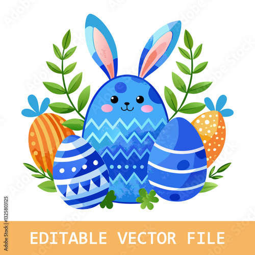 Watercolor illustration, Bunny with soft, expressive eyes and perky ears, with pastel colored Easter eggs