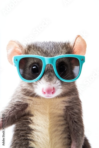 Pet animal wearing funny sunglasses adorable cute animal portrait playful expression isolated on white background. Fun pet photography concept.