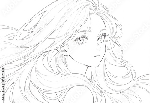 Elegant Anime Girl Sketch Detailed Line Art Portrait. A captivating sketch of a young anime girl showcasing intricate line art and a thoughtful expression