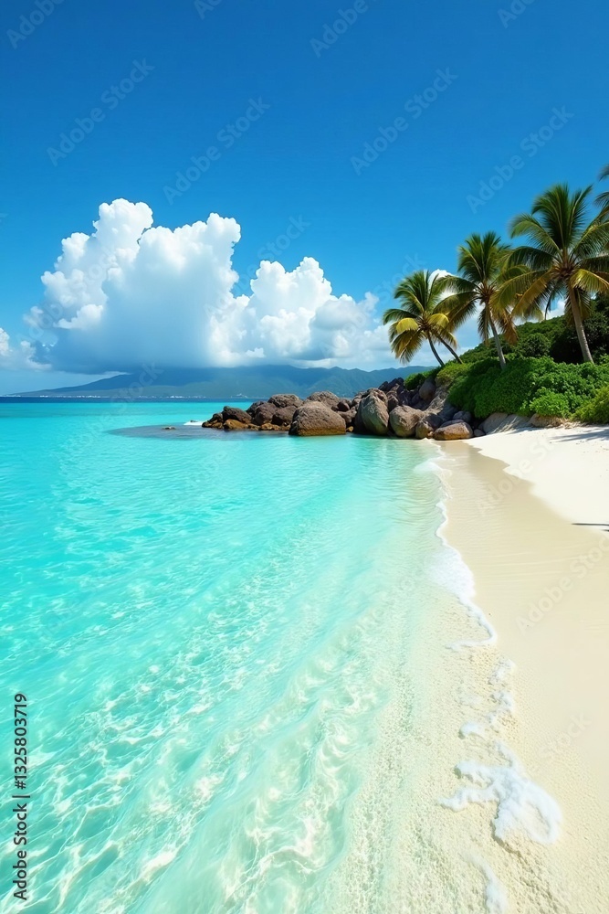 Naklejka premium Crystal clear turquoise water and white sandy beach at hapuna, waves, shore