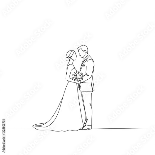 A groom and bride looking at each other. Drawn with black lines. Black and white image.
