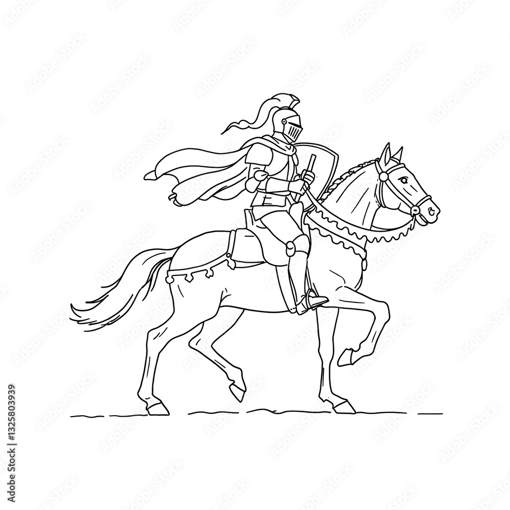 Fototapeta premium A knight riding a horse. Drawn with black lines. Black and white image.